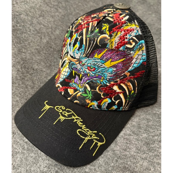 Ed Hardy Gold Trucker Hat with Dragon Design Ed Hardy Christian Audigier Hat Jewel Glitter Double Dragon  main image 4
